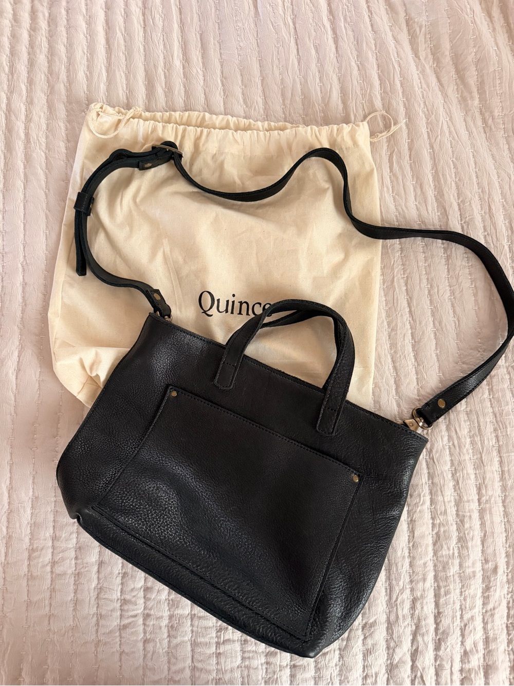 Quince Black Leather Tote Bag with Top Handles and Crossbody - Picture 2 of 5